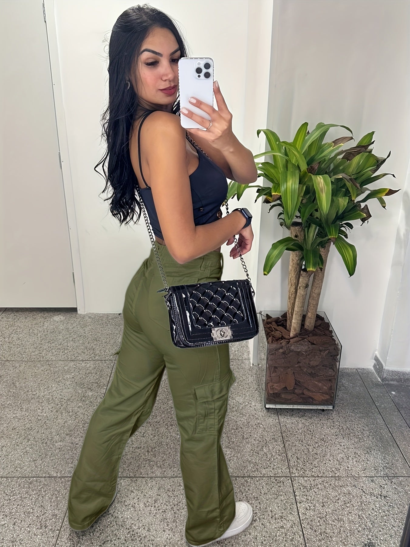 Pantalones cargo casuales de cintura alta para mujer con múltiples bolsillos - Ligero poliéster, ajuste de pierna recta, lavable en máquina, blanco, comodidad para todas las estaciones, moda cómoda | Pantalones de pierna recta | Tela de poliéster