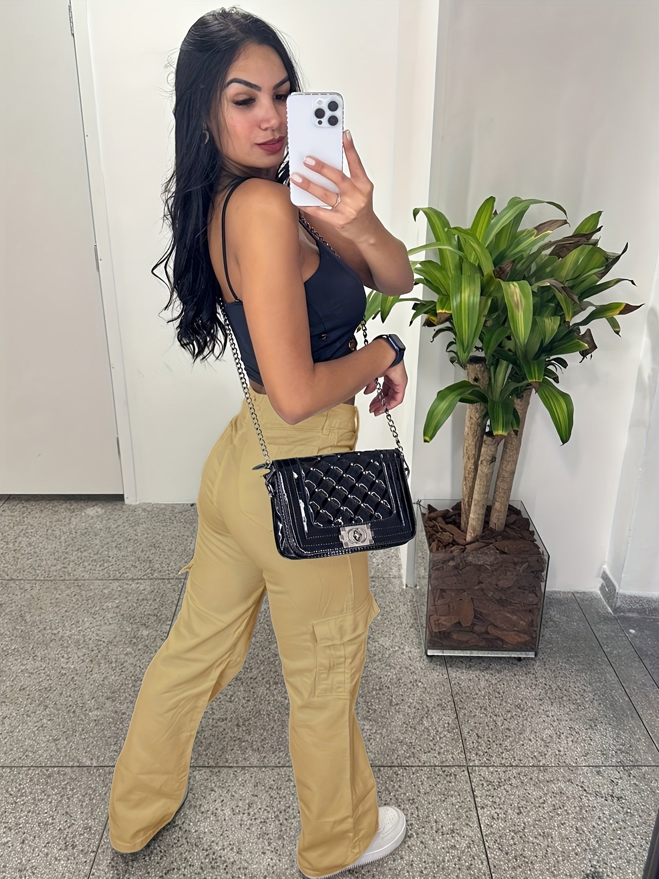 Pantalones cargo casuales de cintura alta para mujer con múltiples bolsillos - Ligero poliéster, ajuste de pierna recta, lavable en máquina, blanco, comodidad para todas las estaciones, moda cómoda | Pantalones de pierna recta | Tela de poliéster
