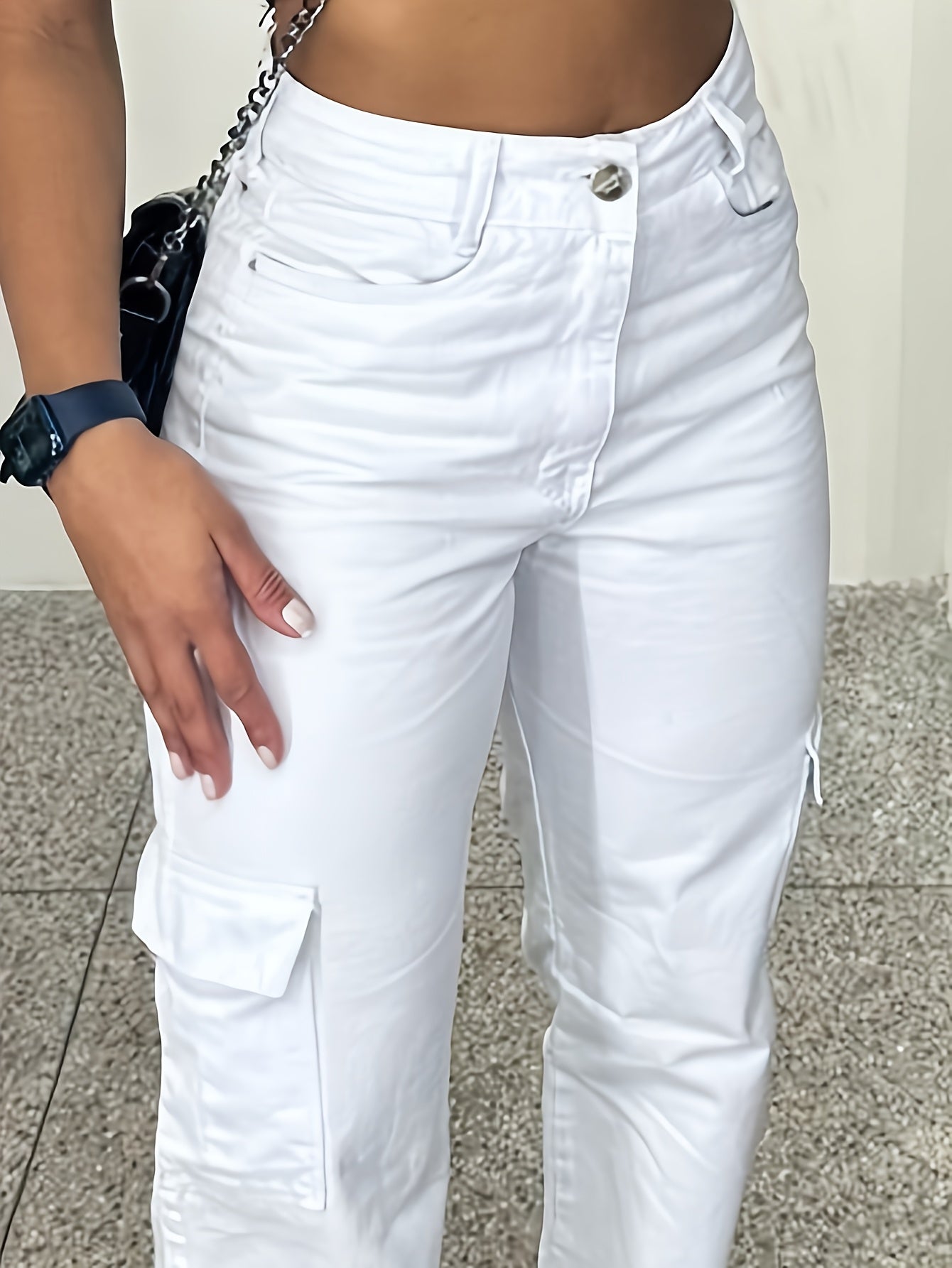 Pantalones cargo casuales de cintura alta para mujer con múltiples bolsillos - Ligero poliéster, ajuste de pierna recta, lavable en máquina, blanco, comodidad para todas las estaciones, moda cómoda | Pantalones de pierna recta | Tela de poliéster