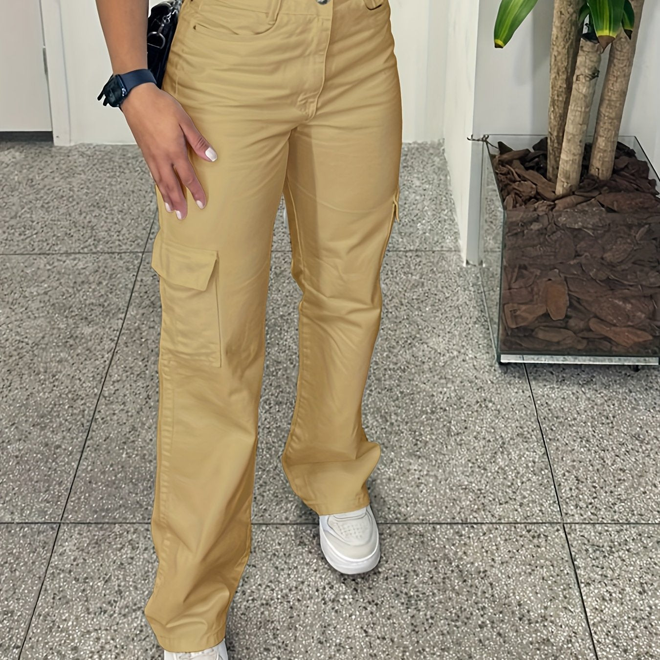 Pantalones cargo casuales de cintura alta para mujer con múltiples bolsillos - Ligero poliéster, ajuste de pierna recta, lavable en máquina, blanco, comodidad para todas las estaciones, moda cómoda | Pantalones de pierna recta | Tela de poliéster