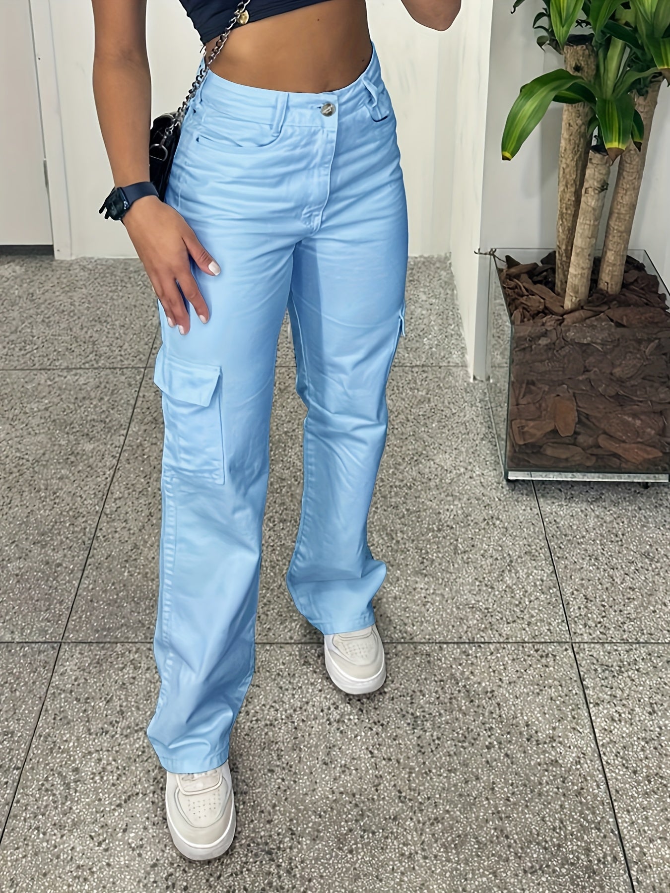 Pantalones cargo casuales de cintura alta para mujer con múltiples bolsillos - Ligero poliéster, ajuste de pierna recta, lavable en máquina, blanco, comodidad para todas las estaciones, moda cómoda | Pantalones de pierna recta | Tela de poliéster