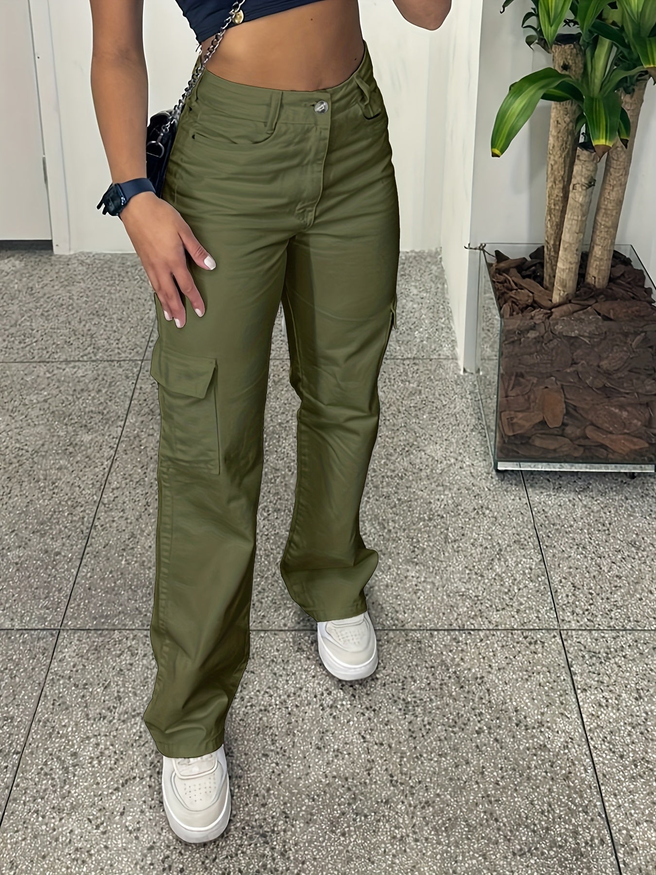 Pantalones cargo casuales de cintura alta para mujer con múltiples bolsillos - Ligero poliéster, ajuste de pierna recta, lavable en máquina, blanco, comodidad para todas las estaciones, moda cómoda | Pantalones de pierna recta | Tela de poliéster