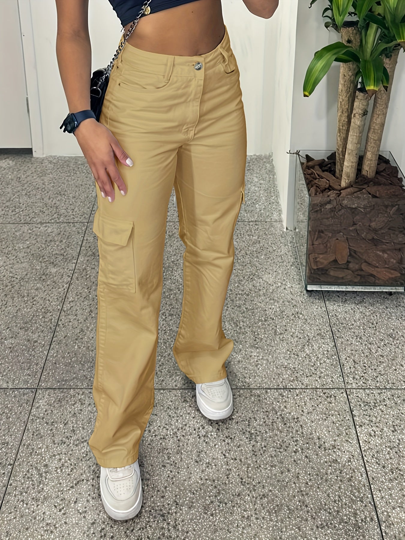 Pantalones cargo casuales de cintura alta para mujer con múltiples bolsillos - Ligero poliéster, ajuste de pierna recta, lavable en máquina, blanco, comodidad para todas las estaciones, moda cómoda | Pantalones de pierna recta | Tela de poliéster