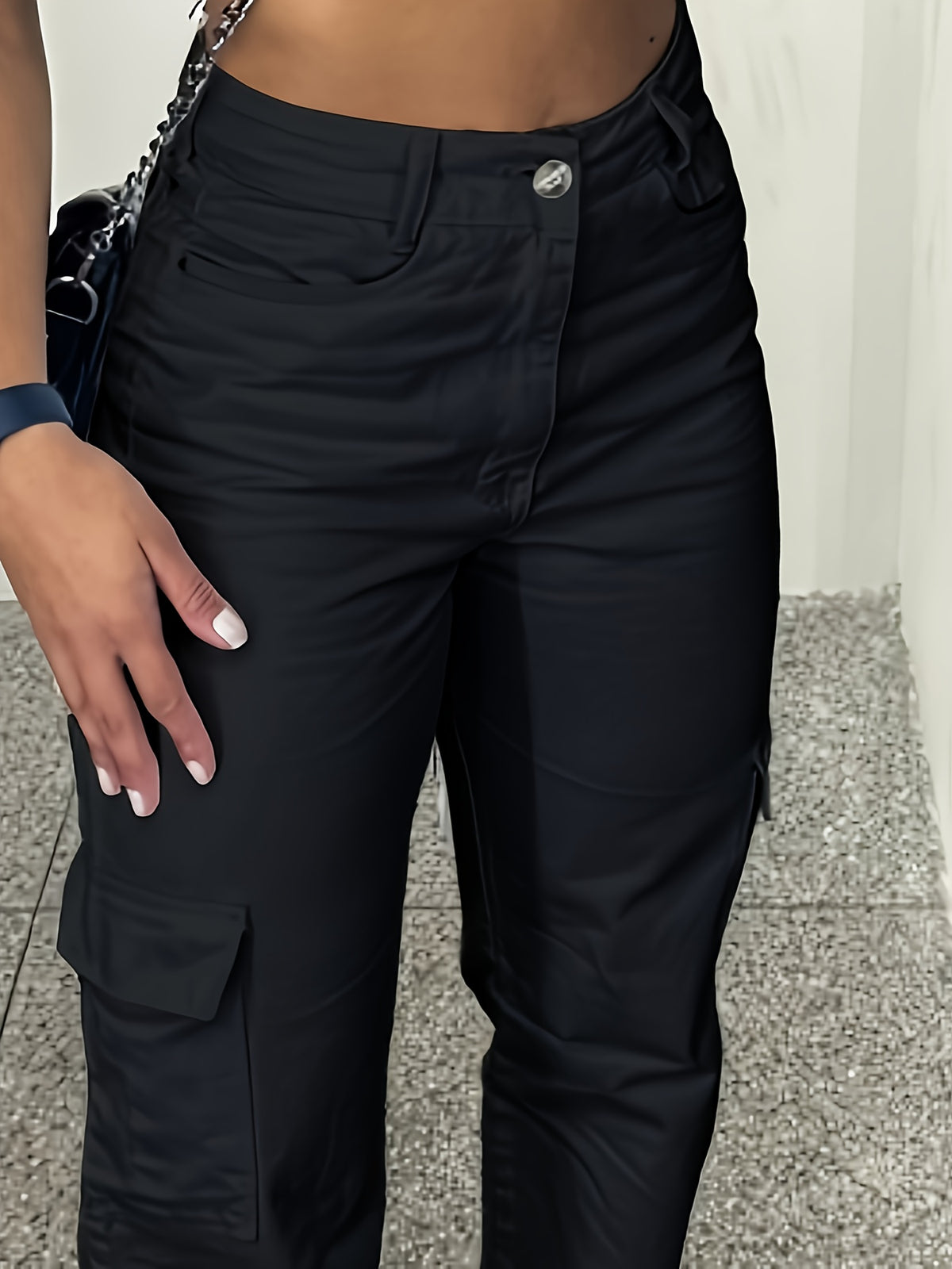 Pantalones cargo casuales de cintura alta para mujer con múltiples bolsillos - Ligero poliéster, ajuste de pierna recta, lavable en máquina, blanco, comodidad para todas las estaciones, moda cómoda | Pantalones de pierna recta | Tela de poliéster