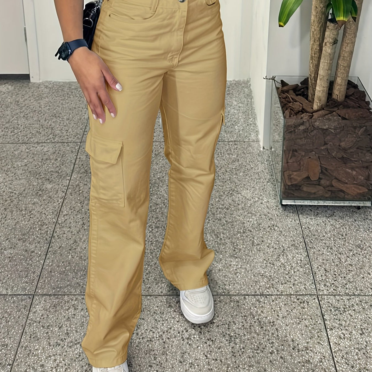 Pantalones cargo casuales de cintura alta para mujer con múltiples bolsillos - Ligero poliéster, ajuste de pierna recta, lavable en máquina, blanco, comodidad para todas las estaciones, moda cómoda | Pantalones de pierna recta | Tela de poliéster