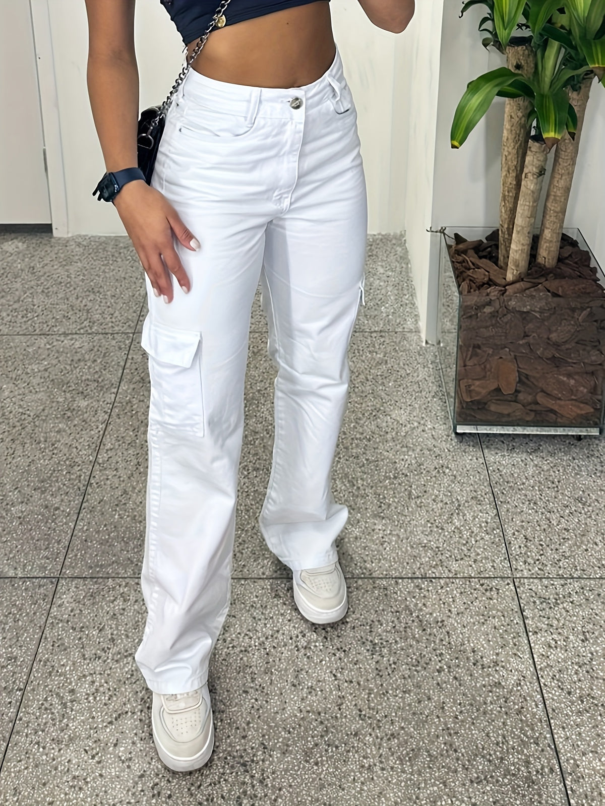 Pantalones cargo casuales de cintura alta para mujer con múltiples bolsillos - Ligero poliéster, ajuste de pierna recta, lavable en máquina, blanco, comodidad para todas las estaciones, moda cómoda | Pantalones de pierna recta | Tela de poliéster