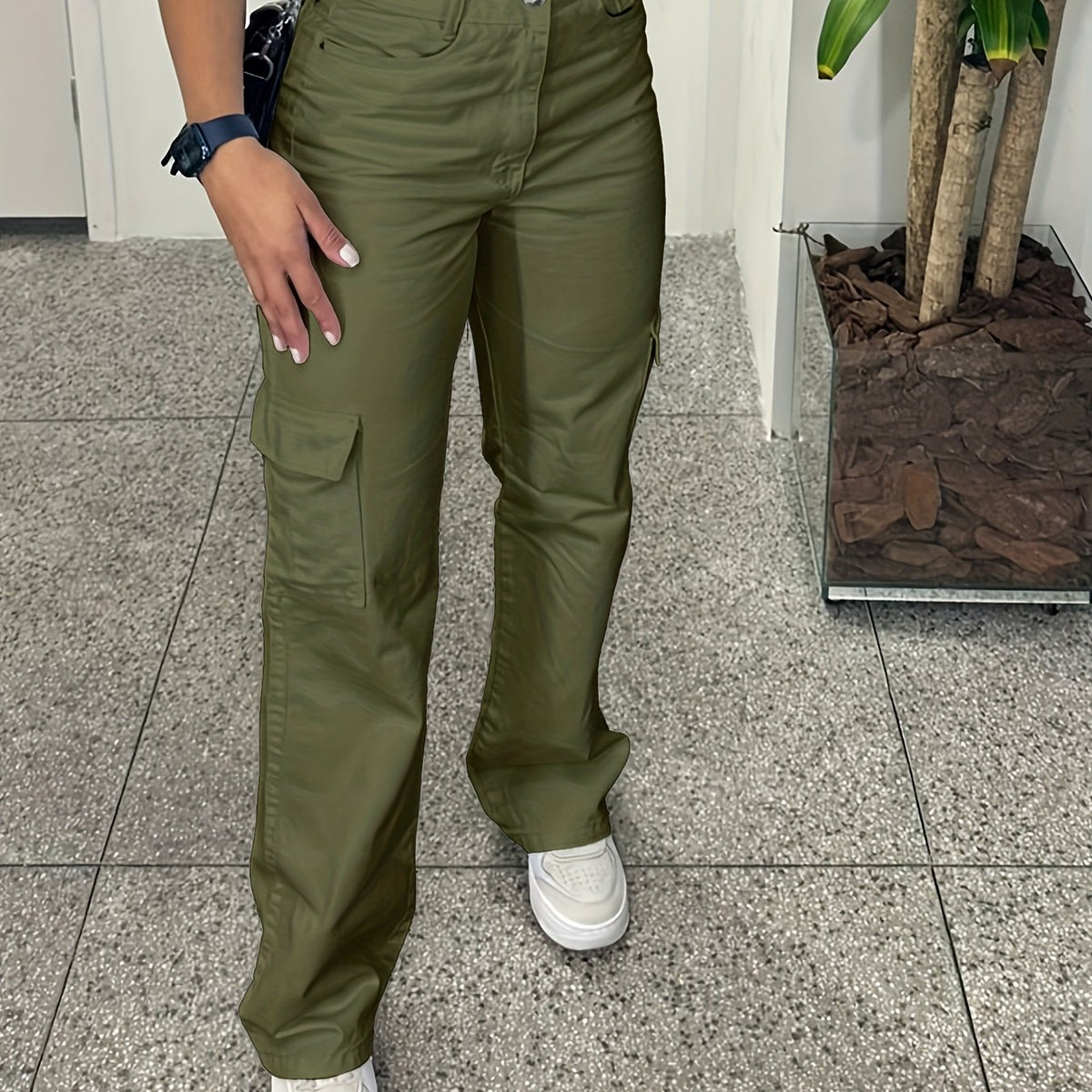 Pantalones cargo casuales de cintura alta para mujer con múltiples bolsillos - Ligero poliéster, ajuste de pierna recta, lavable en máquina, blanco, comodidad para todas las estaciones, moda cómoda | Pantalones de pierna recta | Tela de poliéster