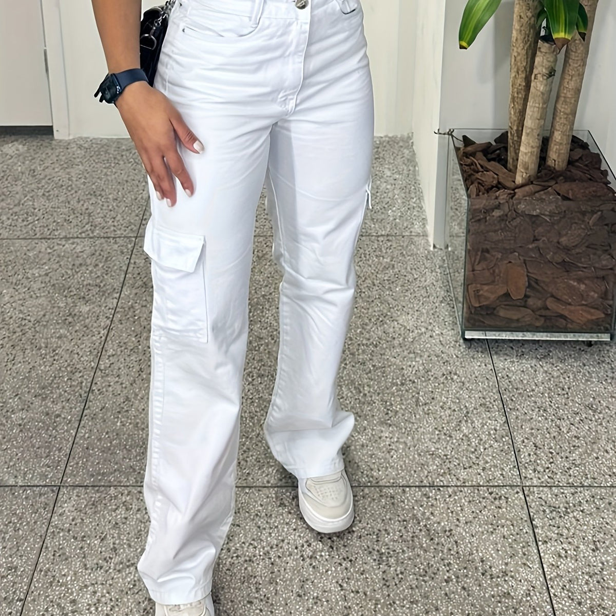 Pantalones cargo casuales de cintura alta para mujer con múltiples bolsillos - Ligero poliéster, ajuste de pierna recta, lavable en máquina, blanco, comodidad para todas las estaciones, moda cómoda | Pantalones de pierna recta | Tela de poliéster